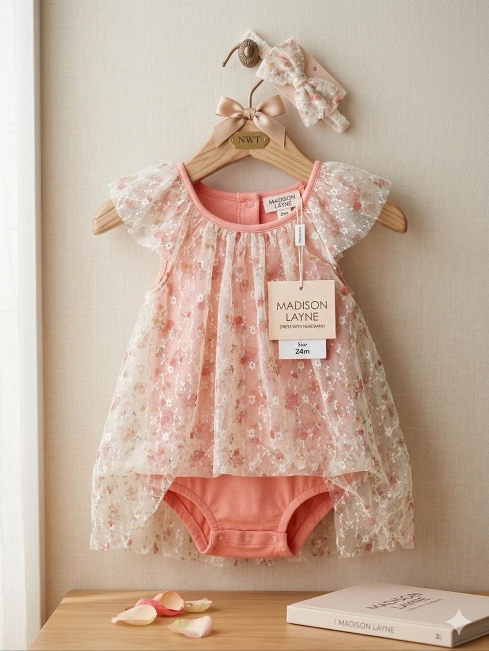 Madison Layne Pink Floral Lace Baby Dress w/Attached Onesie& Headband, S 24m,NWT